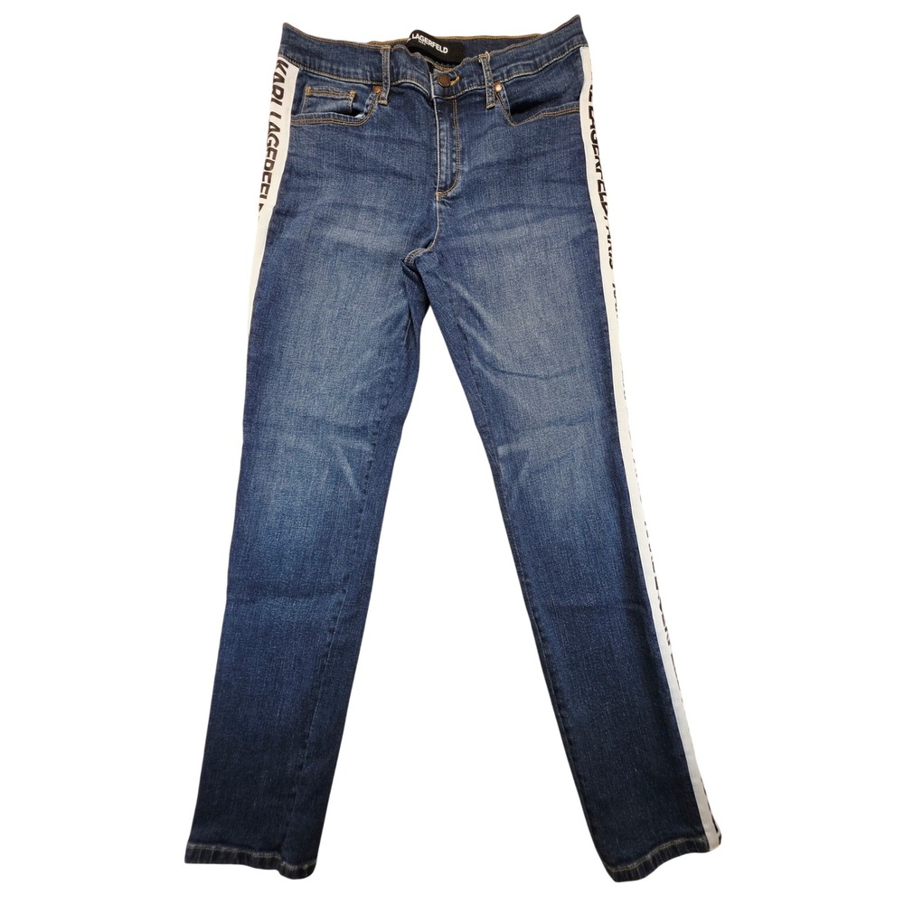 Karl Lagerfeld Paris Womens Logo Tape Side Stripe Skinny Jeans Blue Size 10